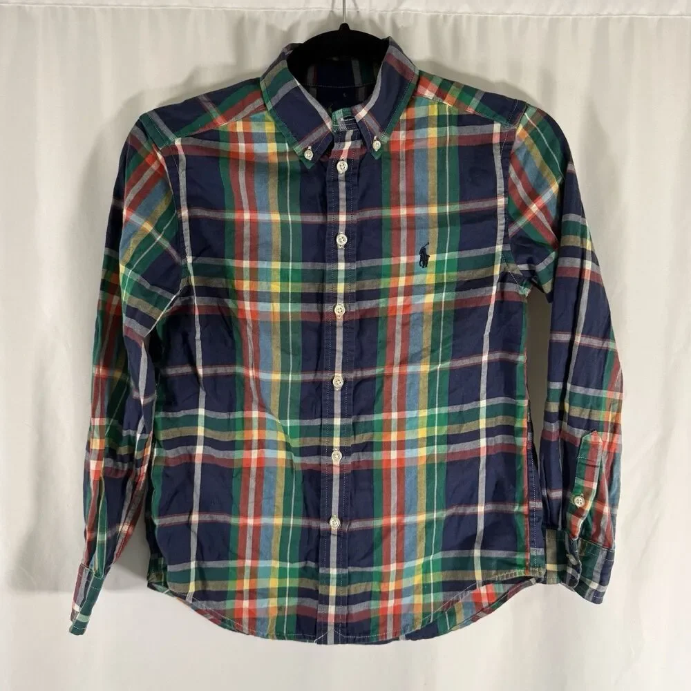 Ralph Lauren Dress Shirt Boys Medium 10-12 Blue Green Plaid Long Sleeve Cotton